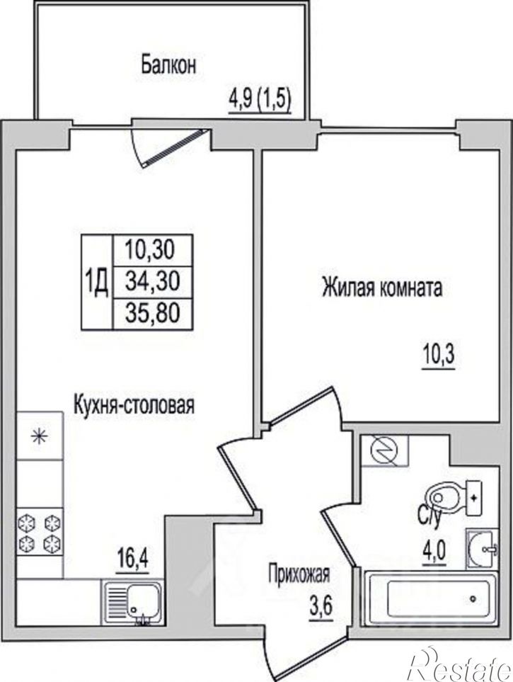 1-комн квартира в новом доме улица Юности, 10
