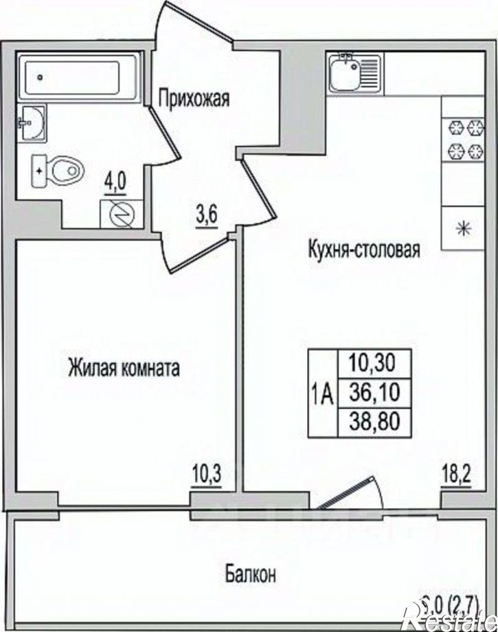 1-комн квартира в новом доме улица Юности, 10